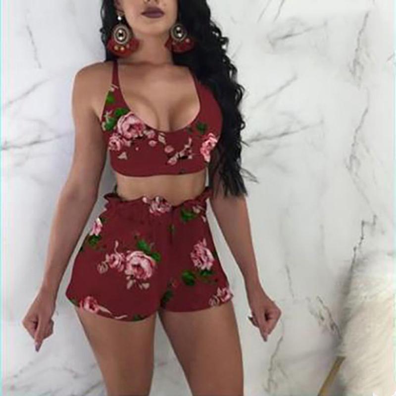 

Women' Tracksuits Women Summer Two Piece Set Floral Sleeveless Crop Top Shorts Outfits Casual Female Beach Club Clothes, Black