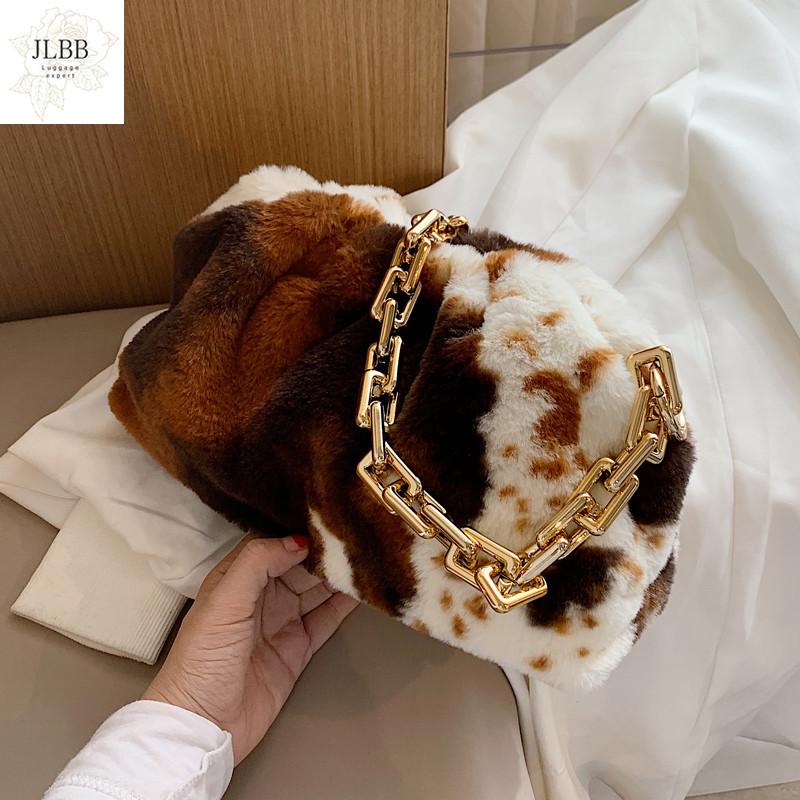 

Cow Pattern Shoulder Bags for Women 2021 new Winter Brand Trending Soft Faux Fur Handbags Heavy chain ladies Hand Bag Small, Black