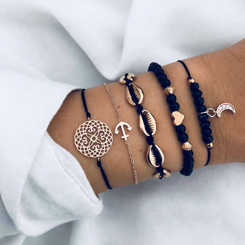 

bracelet Shell cut-out flower piece bead chain 5-piece Bracelet Moon Pendant Bead Chain wind bracelet Jewelry, Golden;silver