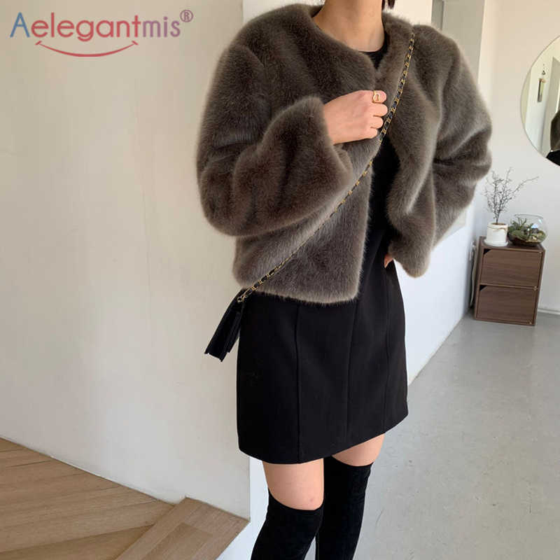 

Aelegantmis Faux Mink Fur Jacket Women Loose Elegant Thick Furry Coats High Quality Winter Warm O Neck Solid Outwear Fashion 210607, Light grey