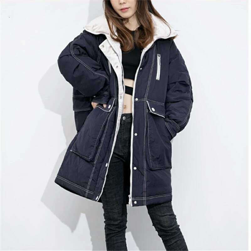 

2021 New Autumn Winter Female Presonality Warm Outerwear Military Thick Down Jacket Stand Collar Casual Coat Kq0l, Black