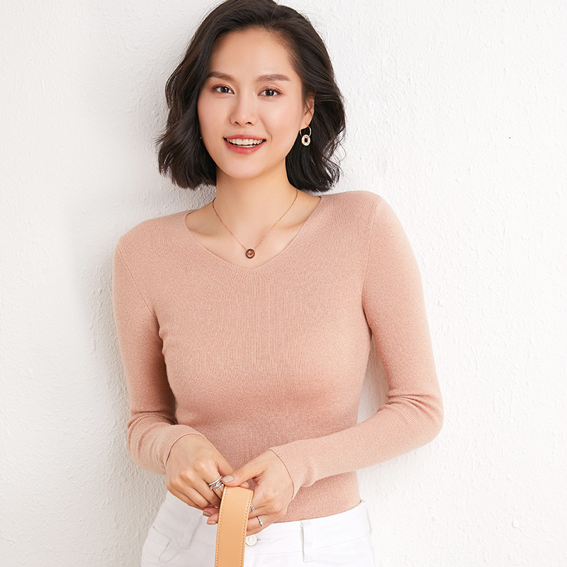 

2021 New 100% Cashmere Merino Wool Women's Warm Knitting Jumper Female Autumn Winter V-neck Long Sleeve Sweater Ur79, Nude pink
