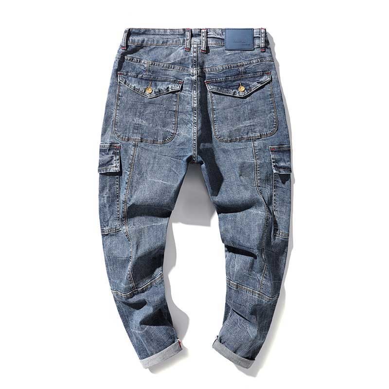 

2021 New Harem Korean Breem Men's Breen Cargo Casual Cotton Denim Elastic Loose Pants with Bag Great Masculine Clothes Do32, Blue