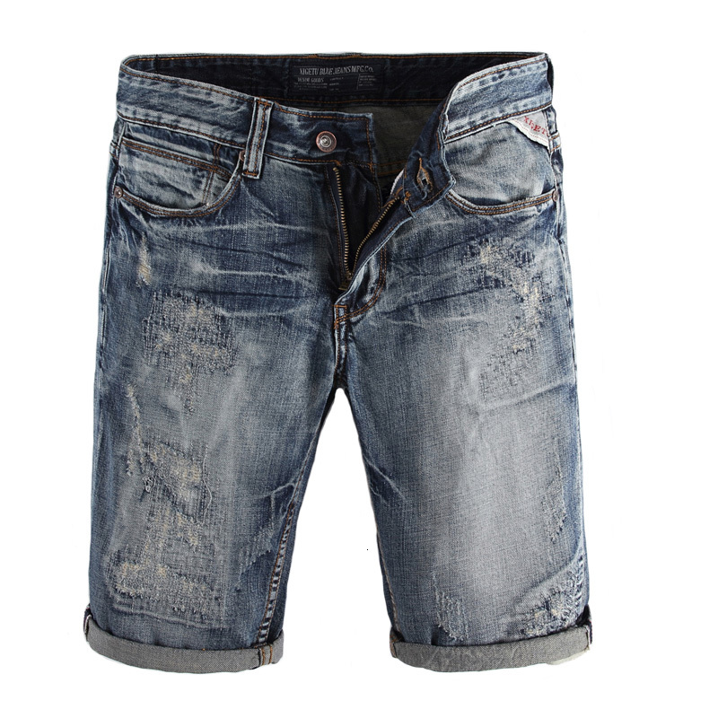 

2021 New Summer Fashion Short Vintage Style Ripped Hombre Denim Streetwear Brand Designer Hip Hop Jeans Shorts Men Nwd7, Blue