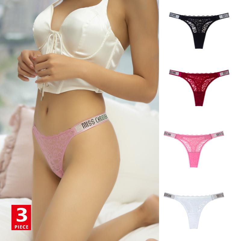 

Women's Panties Sexy Thong Hollow Out Lace Letter Rhinestone Low Waist Traceless Underwear Bikini 3Pcs/Lot, Black;pink