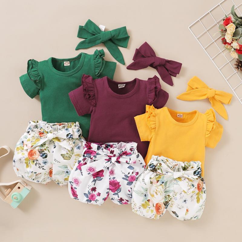 

3Pcs Baby Girl Set Newborn Floral Baby Shirts Shorts Set Summer Girl Clothes, Green