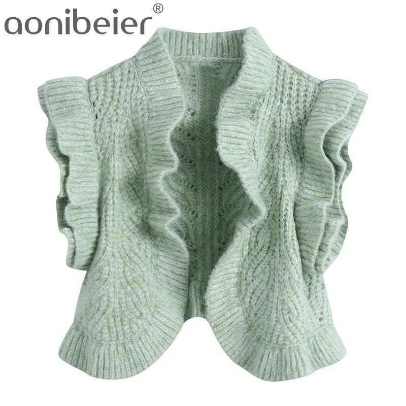 

Spring Autumn Short Cardigan Vest Women Casual Sleeveless Ruffles Sweater Clothes Outwear 210604, Green