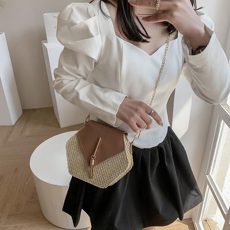 

Evening Bags Straw Handbags For Women 2021 Designer Luxury Black Casual Bohemian Style Metal Chain Crossbody Shoulder Bag Bolsa Feminina