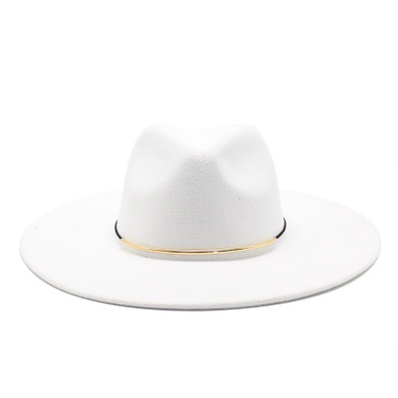 

2021 New Women Fedora 9.5cm Big Brim Solid Color Band Belt Gold Chain Felt Formal Church Wedding Classic White Winter Hats Men M5mi, Red
