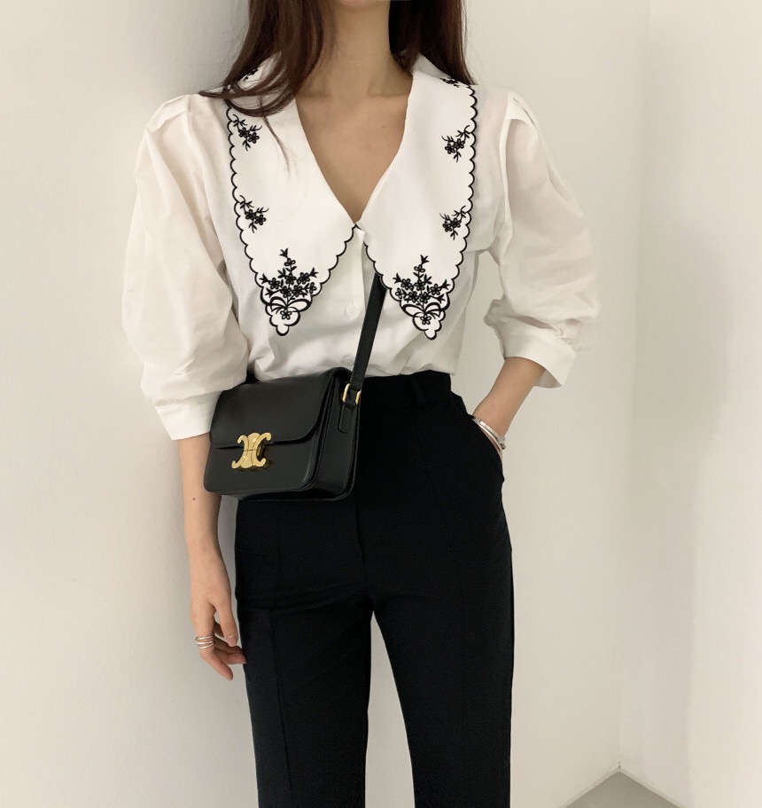 

Vintage Contrast color Wave Line Lapel Collar Embroidery Shirt CHIC Puff Sleeve Women Blouse Tops Korean Clothes, White