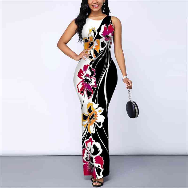 

slim fit sleeveless women dresses round neck printed pencil elegant bodycon side slit nightclub party long, Black;gray