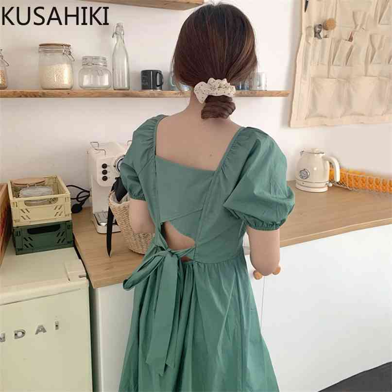 

Chic Bow Tie Backless Dresses Puff Sleeve O-neck Causal Vestidos Summer Slim Waist A-line Woman Dress 6J152 210603, Blue