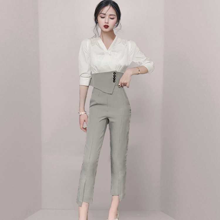 

High Quality Spring Women 2 Piece Set Elegant Office Lady Outfits Hit Color Blouse and OL Plaid Pants Fashion Sets 210526, Photo color