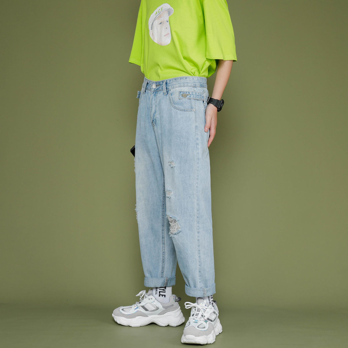 

2021 New Men's Washed Hole Light Blue Color Casual Pants Baggy Homme Wash Jeans Biker Denim Fashion Trend Trousers Plus Size S- Uswr