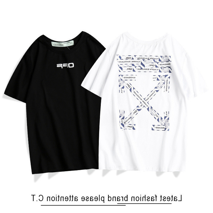 

New fashion brand off black cordon printing couple's style white short sleeve t-shirt men's and women's base shirt, White;black