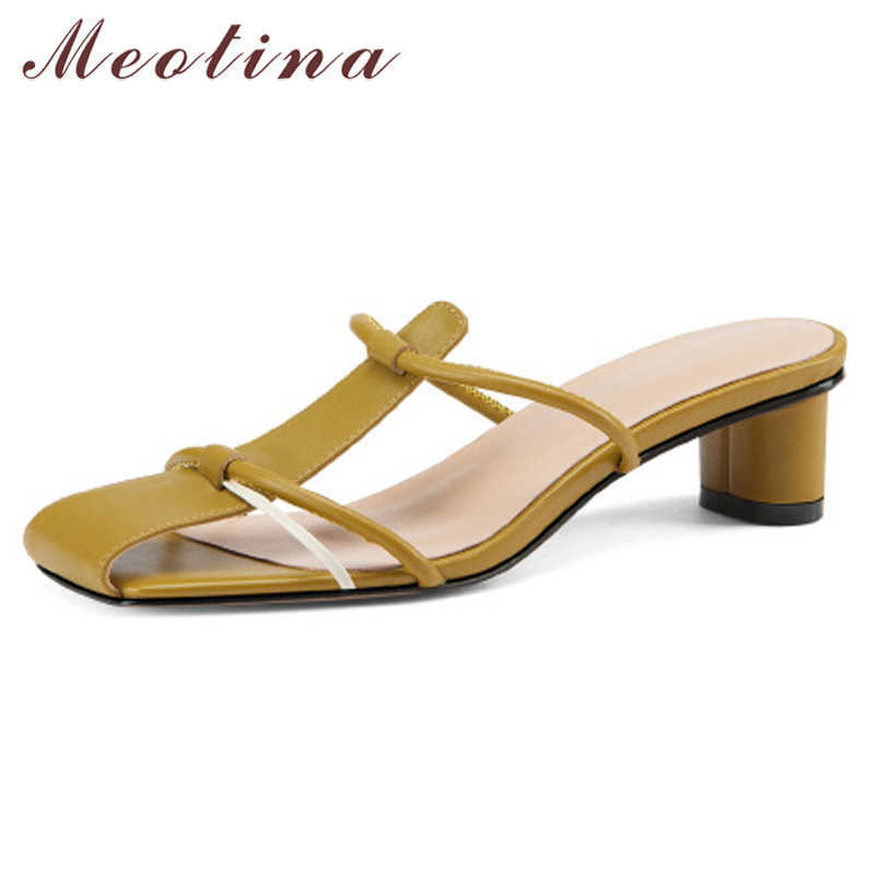 

Meotina Women Slippers Shoes Genuine Leather Sandals Narrow Band Med Heel Slides Square Toe Thick Heel Ladies Footwear Summer 210608, Beige