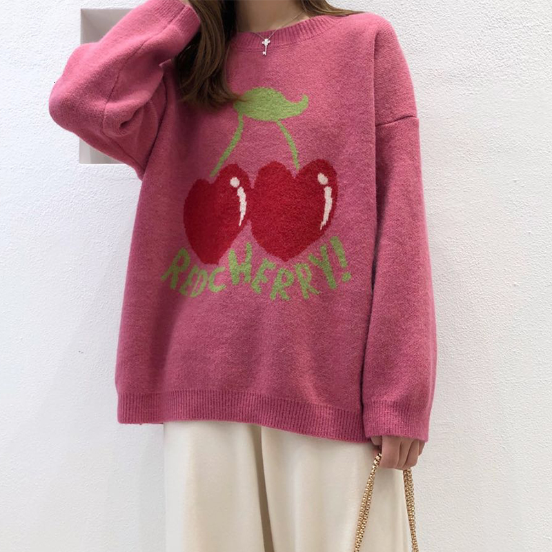 

2021 Cherry Rabbit Hair Kawaii Printing Women's Knitted Shirt, Japanese Fashion Casual Hot Winter New Fall Pullovers 82mz, Pink