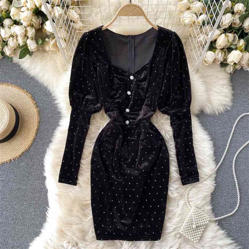 

autumn and winter velvet dress women vintage v neck long puff sleeve buttons decoration slim party short 210603, Black