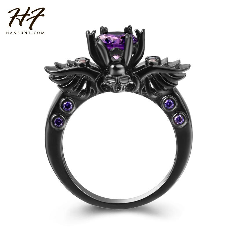 

Cluster Rings Black Gold Color Vintage Skull Shaped Ring Purple CZ Cubic Zirconia Fashion Jewelry For Women Wholesale R623, Golden;silver