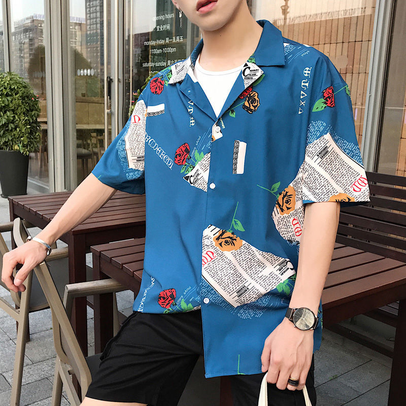 

2021 New Summer Men's Short Sleeve Hawaiian Loose Style Printing Shirt Camisa Masculina Mens Clothes Fashion Shirts Size S- Ek74, Black