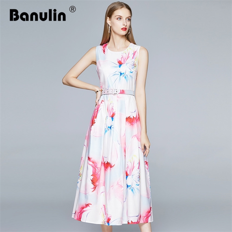 

Banulin Women Pink Sweet Dress Summer Fashion Runway Floral Tank Female Holiday Vacation Long with Belt 210603, The picture color