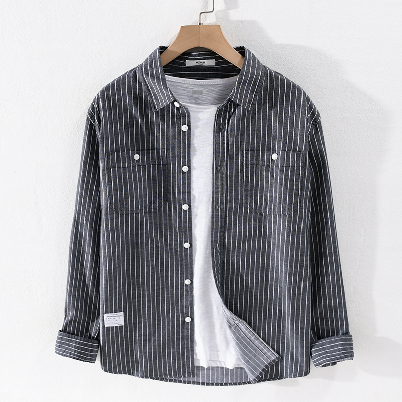 

2021 100% Cotton Long-sleeve Style Stripe Casual Men's Shirts Comfortable Striped Male Fashion Overhemd 7btc, Black