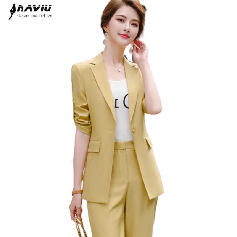 

Fashion Pants Suit Women High-End Half Sleeve Slim Blazer and Wide-Leg Trousers Office Ladies Business Work Wear 210604, Green blazer