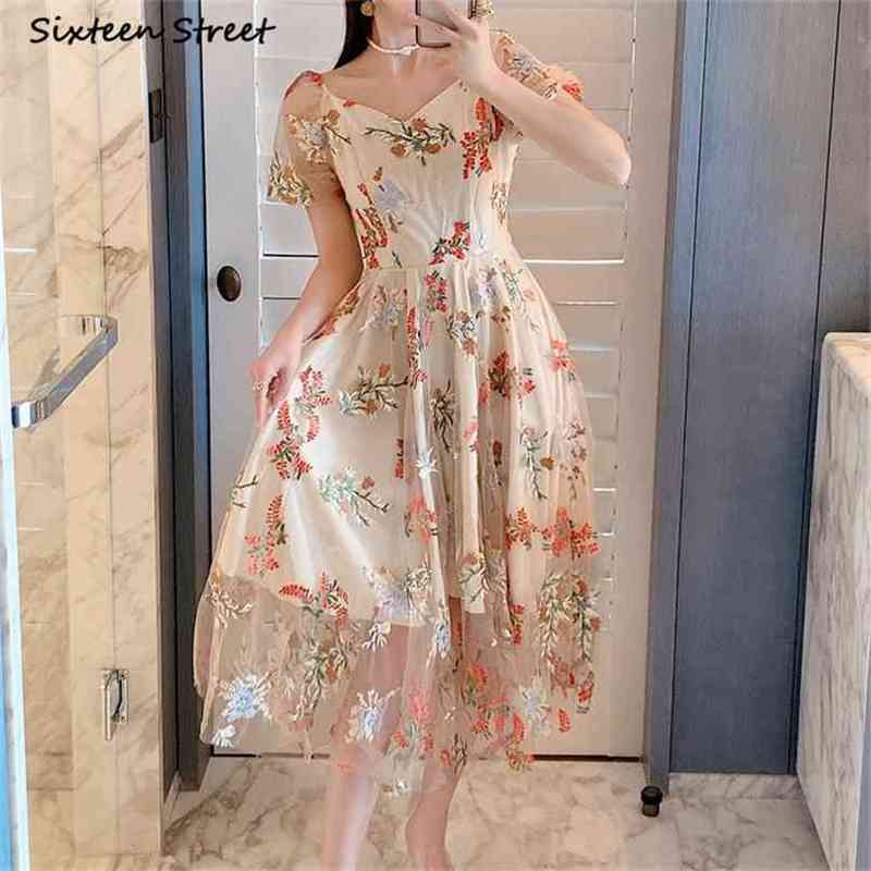 

Summer Embroidery Dress Woman Flora V-neck Vintage Party es Clothing Runway Short Sleeve Luxury Mesh Female 210603, Brown
