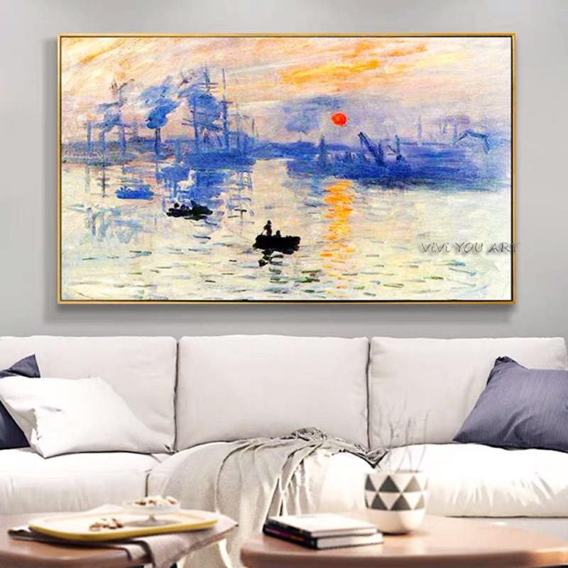 

100% Handmade Claude Monet Impression Sunrise Famous Landscape Oil Painting on Canvas Art Poster Wall Picture for Living Room