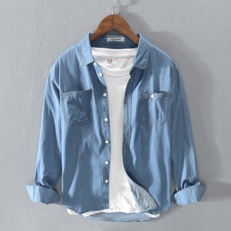 

2021 Autumn New Casual Men Denim 100% Solid Cotton Long Sleeve High Quality Blue Male Tops Shirt Y3399 Mnb9