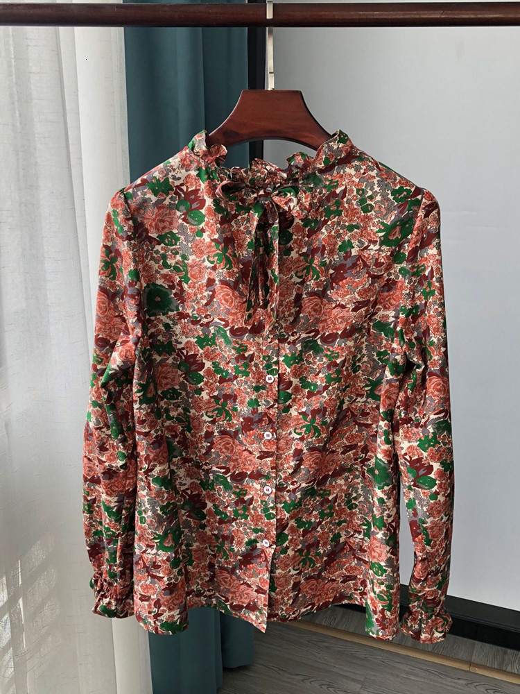 

2021 New Nova Blusa Algodo Seda Do Vintage Floral Impresso De Volta Arco Nico-breasted Chique Senhoras Camisa Feminina Manga L32k, Black