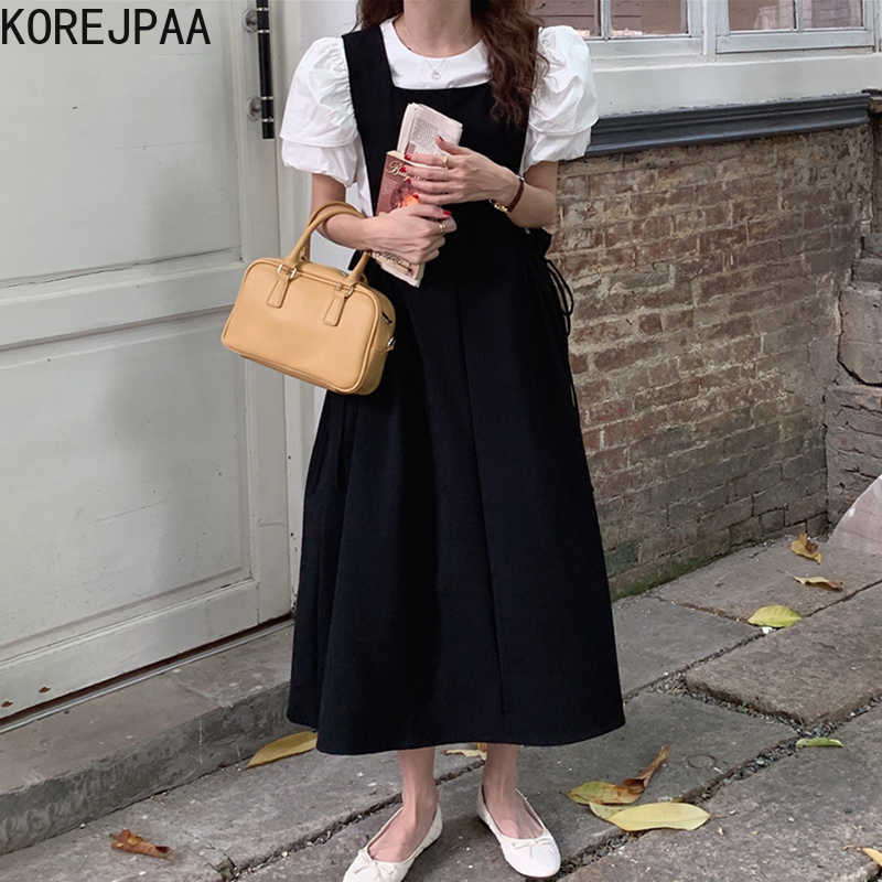

Korejpaa Women Dress Sets Summer Korea Chic Simple Round Neck Bubble Short Sleeve Shirt+side Drawstring Strap Skirt Suit 210526