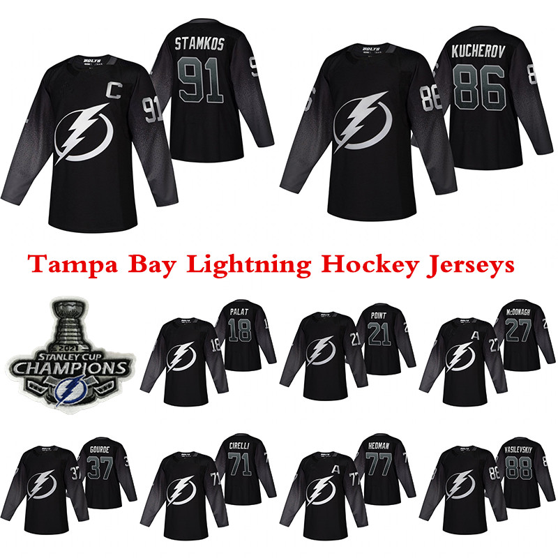 

Tampa Bay Lightning Jersey 86 Nikita Kucherov 77 Victor Hedman 91 Stamkos 21 Brayden Point 71 Anthony Cirelli Black Alternate Hockey Jerseys