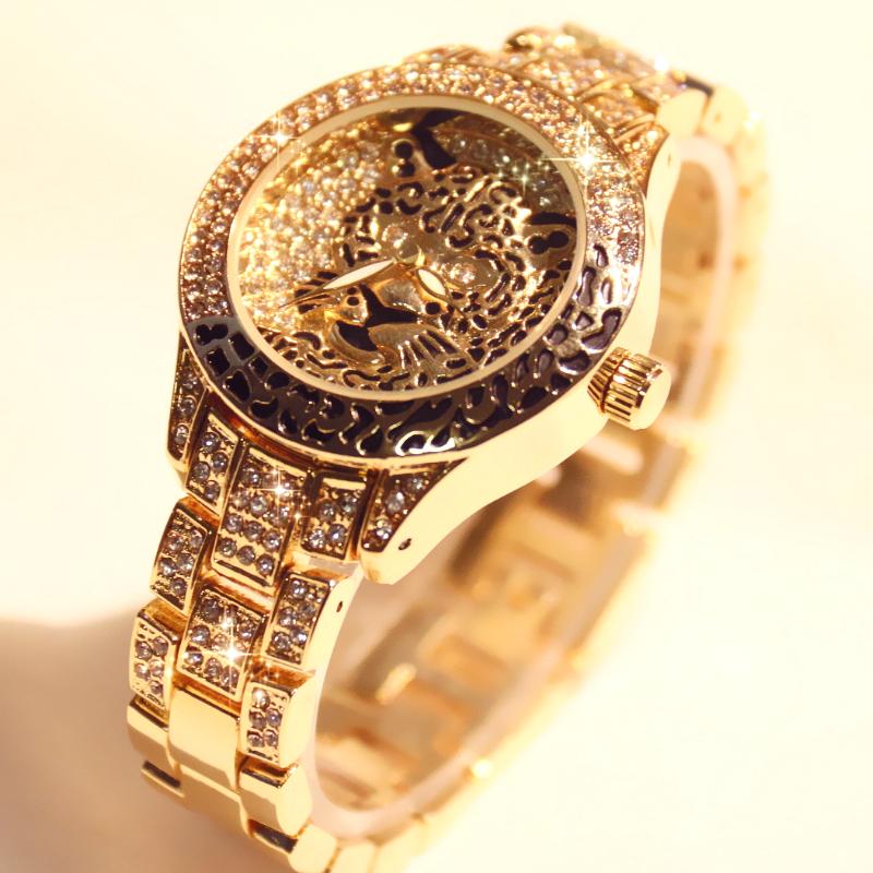 

Wristwatches BS Diamond Women Watch Rhinestone Leopard Print Girl Luxury Stainless Steel Gold Ladies Wrist Watches
