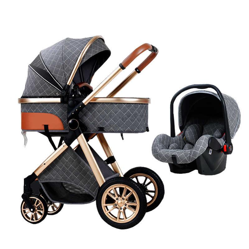 

Strollers# 3 In 1Royal Luxury Leather Aluminum Frame High Landscape Folding Kinderwagen Pram With Gifts Baby Carriage Stroller