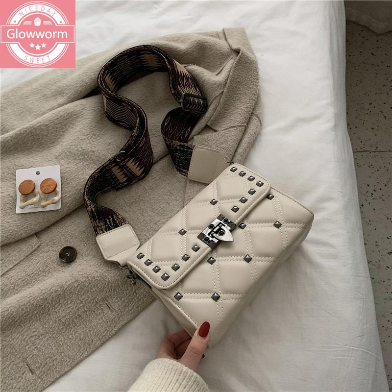 

2021 new women's bag rivet ladies bag fashion shoulder casual messenger wide shoulder strap women mobile phone, Black