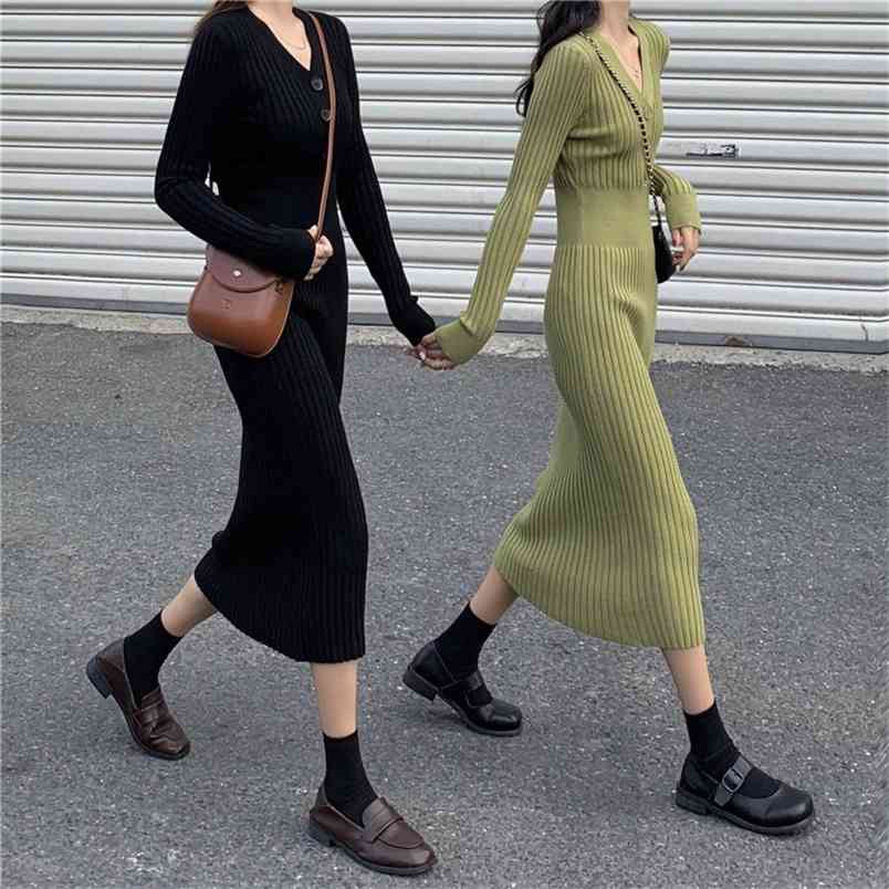 

Winter Female Long Sleeve V-Neck Single Breasted Mid-Calf Knitted Dresses for Ladies Slim Fit Black Casual Women Autumn 210604