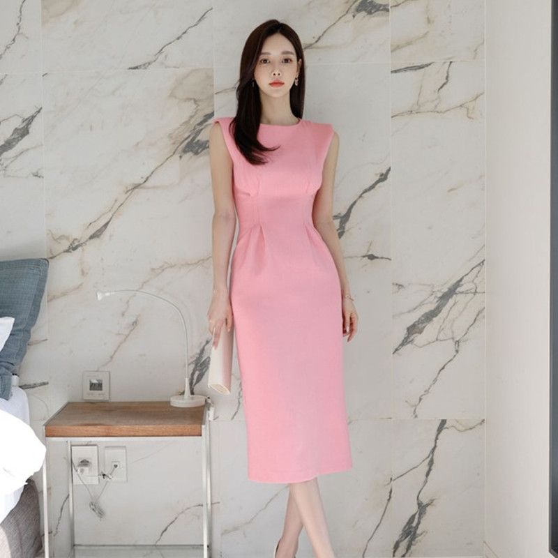 

ZAWFL High Quality Summer Pink OL Office Cloth Women Sleevless Pencil Knee-Length Brief Bodycon Work Dress With Lining 210525, Picture color
