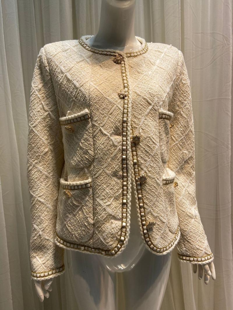 

Women' Wool & Blends Vintage Brand Design Tweed Coats Women Jackets O-Neck Blazer Fashion Outerwear Casual Streetwear Elegant Office Lady K, Ivory