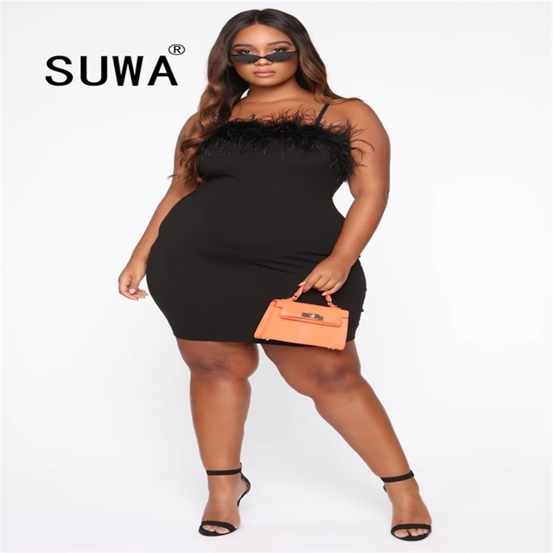 

Spaghetti Strap Women Dress Feathers Patchwork Plus Size 5XL Slim Waist Night Club Bodycon Dresses Summer Elegant Vestidos 210525, White