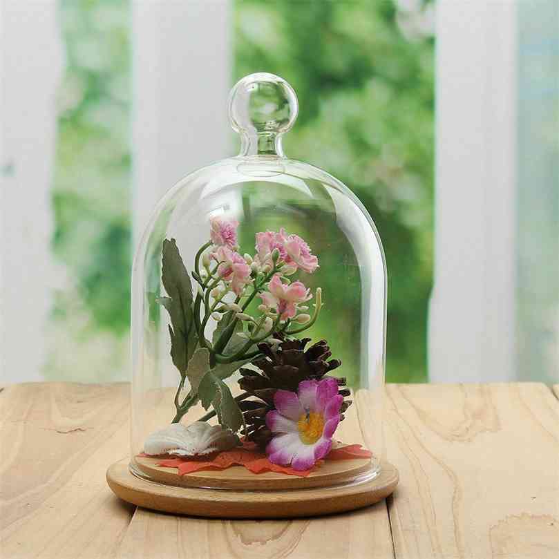 

Home Decor Vases Glass Flower Display Cloche Bell Jar Dome Immortal Preservation + Wooden Base Everlasting Cover 210913