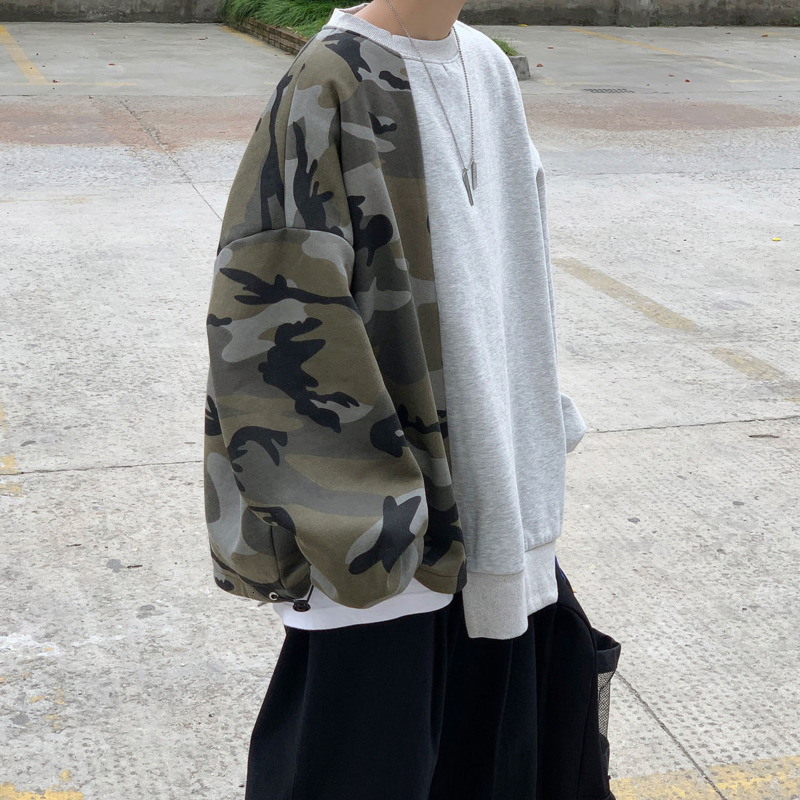 

2021 New Korean Plus Veet Camou Hoodie Men's Fashion Casual O-neck Sweatshirt Men Streetwear Loose Hip-hop Pullover Hoodies Mens Hoody Jgrg, Color fan