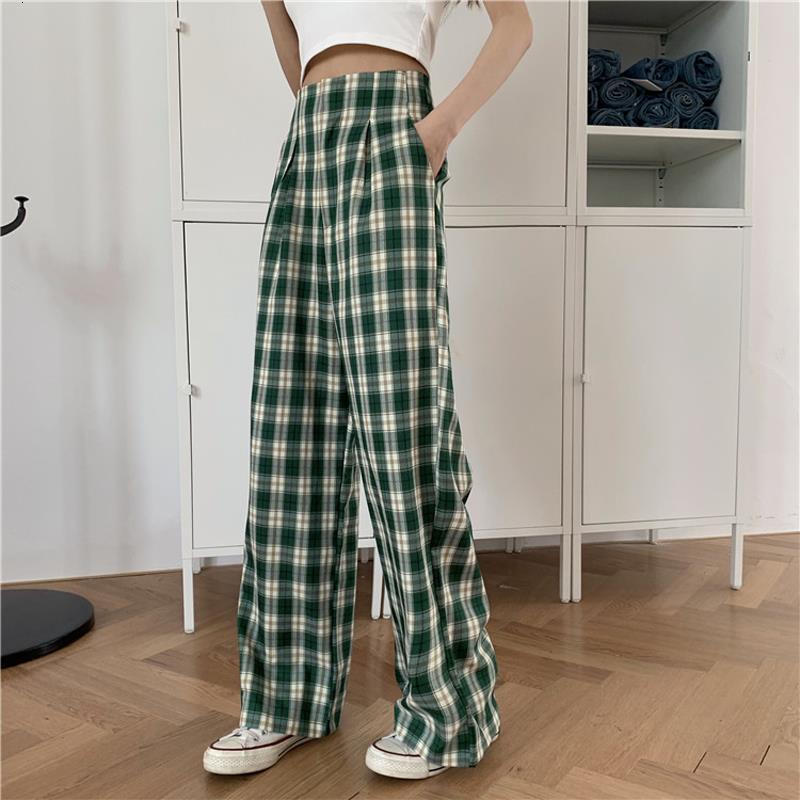 

2021 New High-waisted Trousers Plaid for Women Streetwear Full Length Broad Leg Women's Casual Straight Ladypants Chess Pants 9zag, Green.