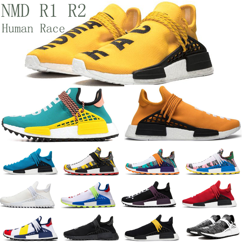 

With Box NMD Human Race R1 Racer Men Women Running Shoes Pharrell Williams Hu Trail Nerd Black Blank Canvas Oreo Trainers Sneakers