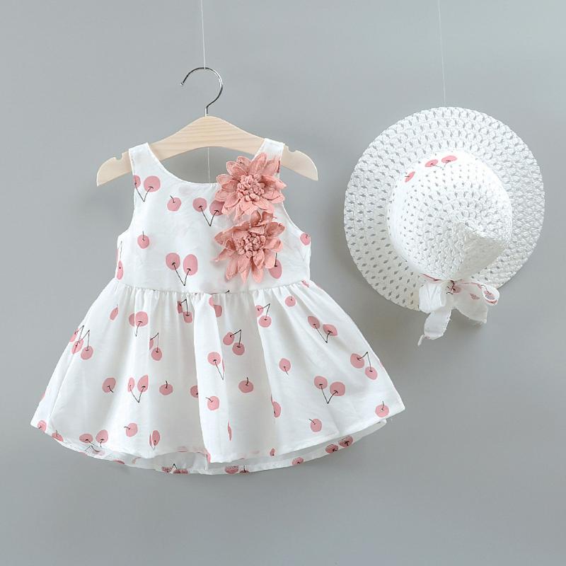 

2021 New Summer dress Toddler Kid Baby Girl Cherry Printed Princess Dress+Hat Outfits Set Clothes kids dresses for girls#4