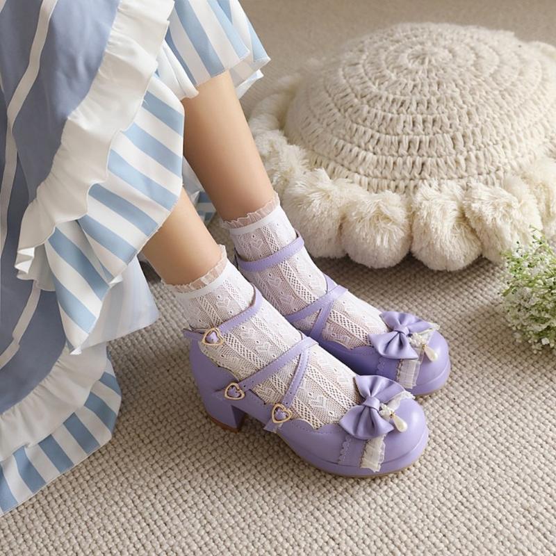 

Dress Shoes Womens Lolita Round Toe Bowknot Lace Pearls Kawaii Cosplay Cross-straps Block High Heel Plus Size 34-48, Purple