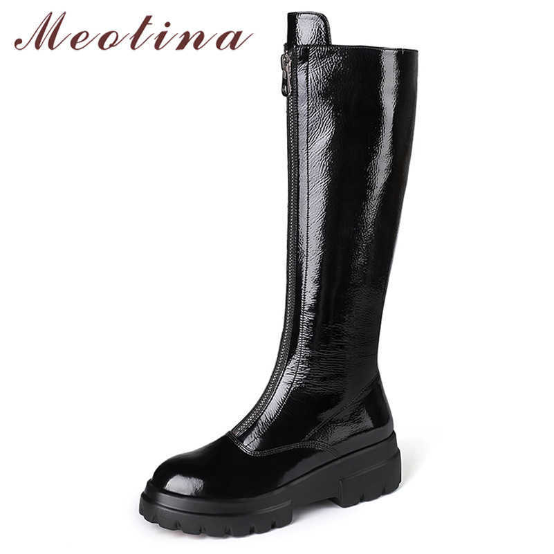 

Meotina Winter Knee High Boots Women Natural Genuine Leather Chunky Heel Long Boots Zipper Round Toe Shoes Lady Autumn Size -10 210608, Black