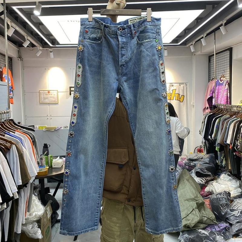 

Men' Jeans KAPITAL Men Women Pants Vintage Washed Inlaid Gemstone Distressed Trousers Inside Tag Clothes