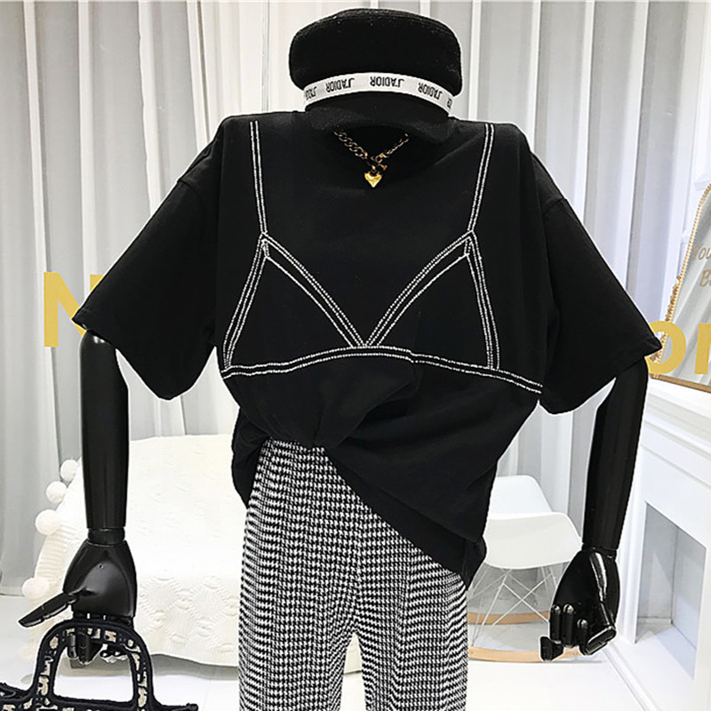 

2021 Fake 2 Piece Crystal Bra t Shirt Funny Designer Women Tops Basic Cotton Quality Summer Fashion Steetwear Loose Overside Davg, Gray
