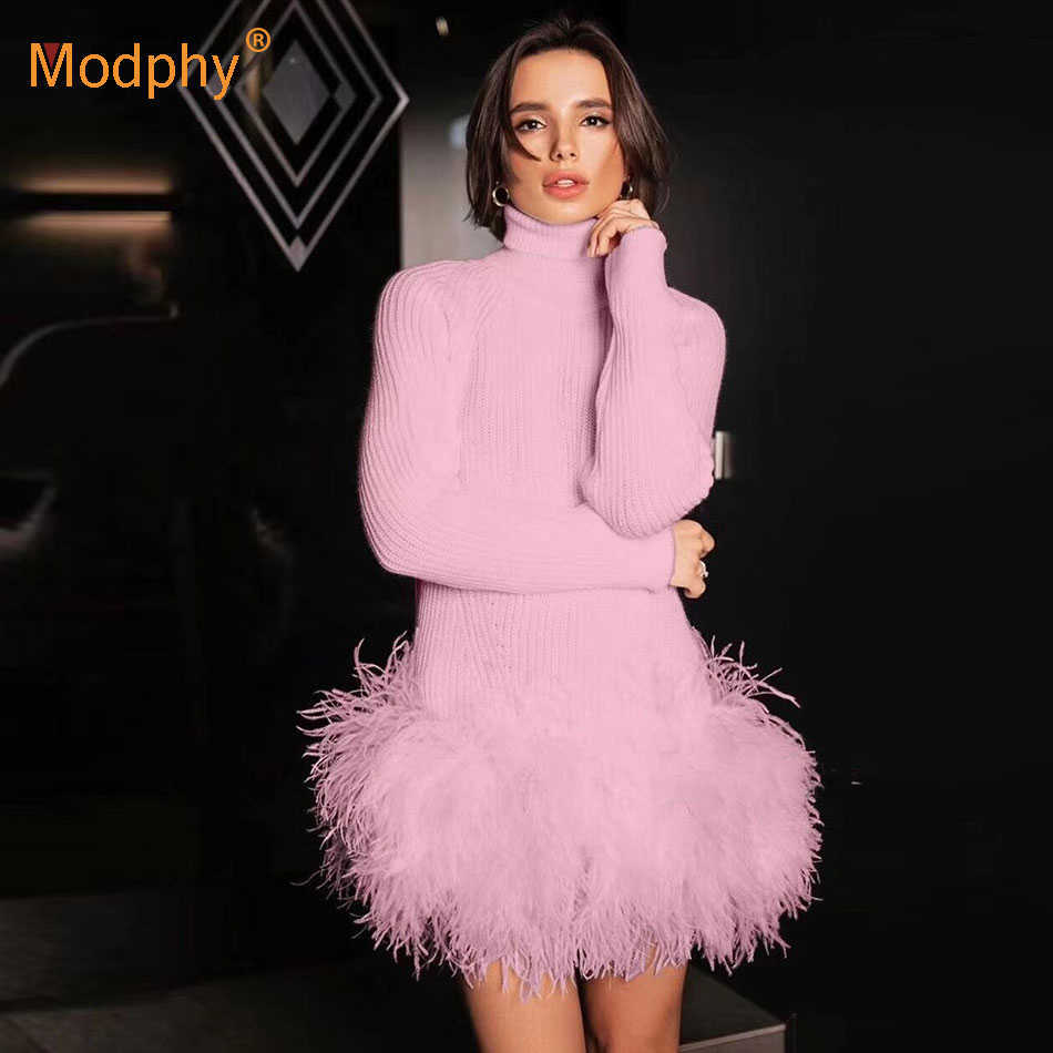 

Feather Knitted Turtleneck Women Sweater Dress BodyconCasual Party Pullover Winter Fashion Female 210527, Black